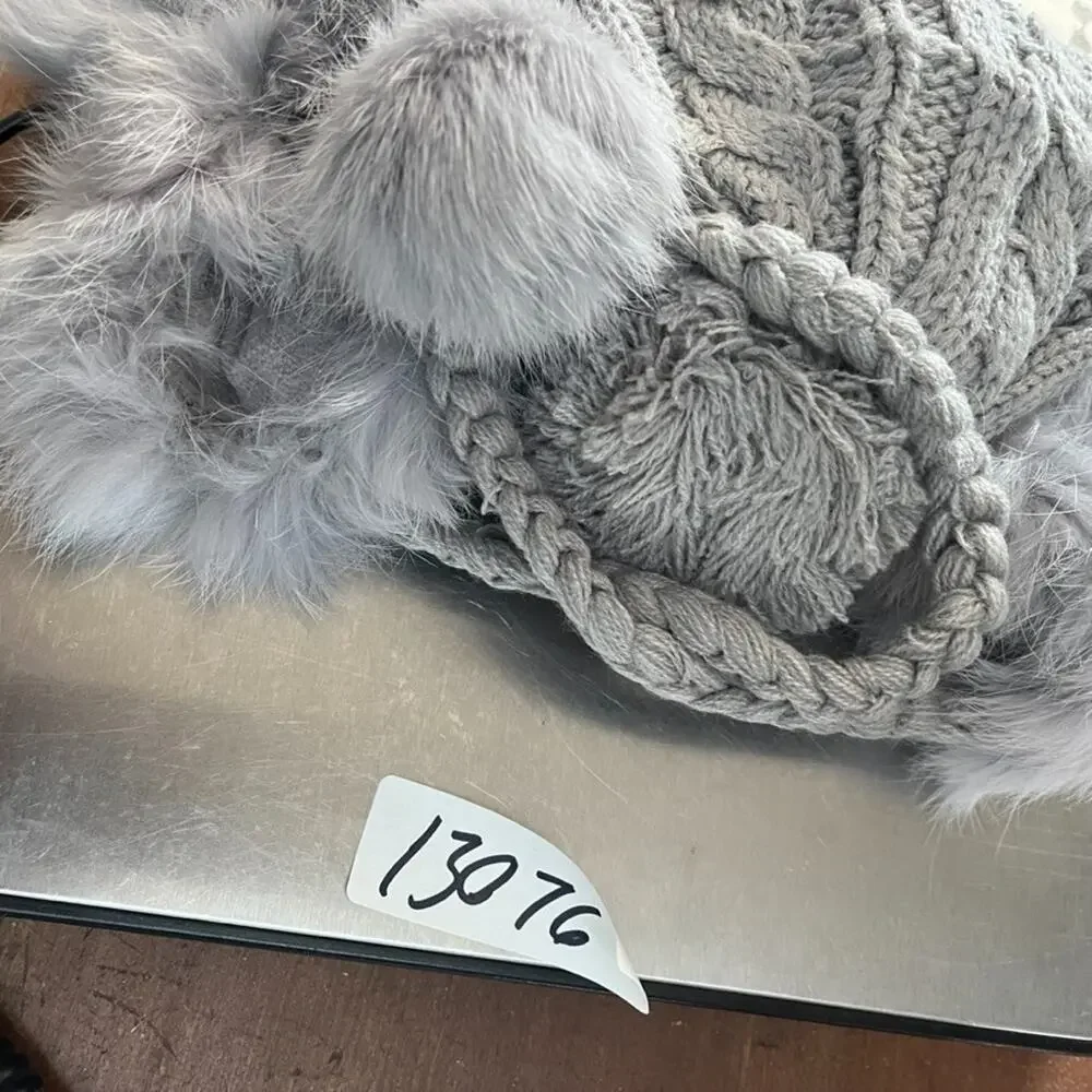 Gray Women's Trapper-Style Hat Braided Cable Knit Genuine Fur Trim